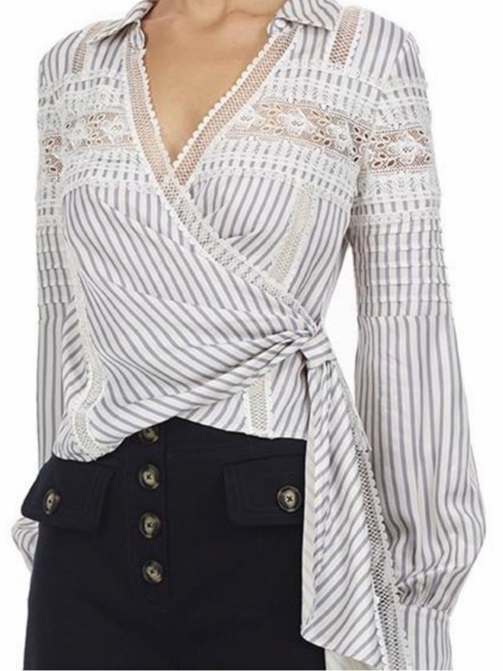 Self portrait wrap blouse blue striped with lace size 6